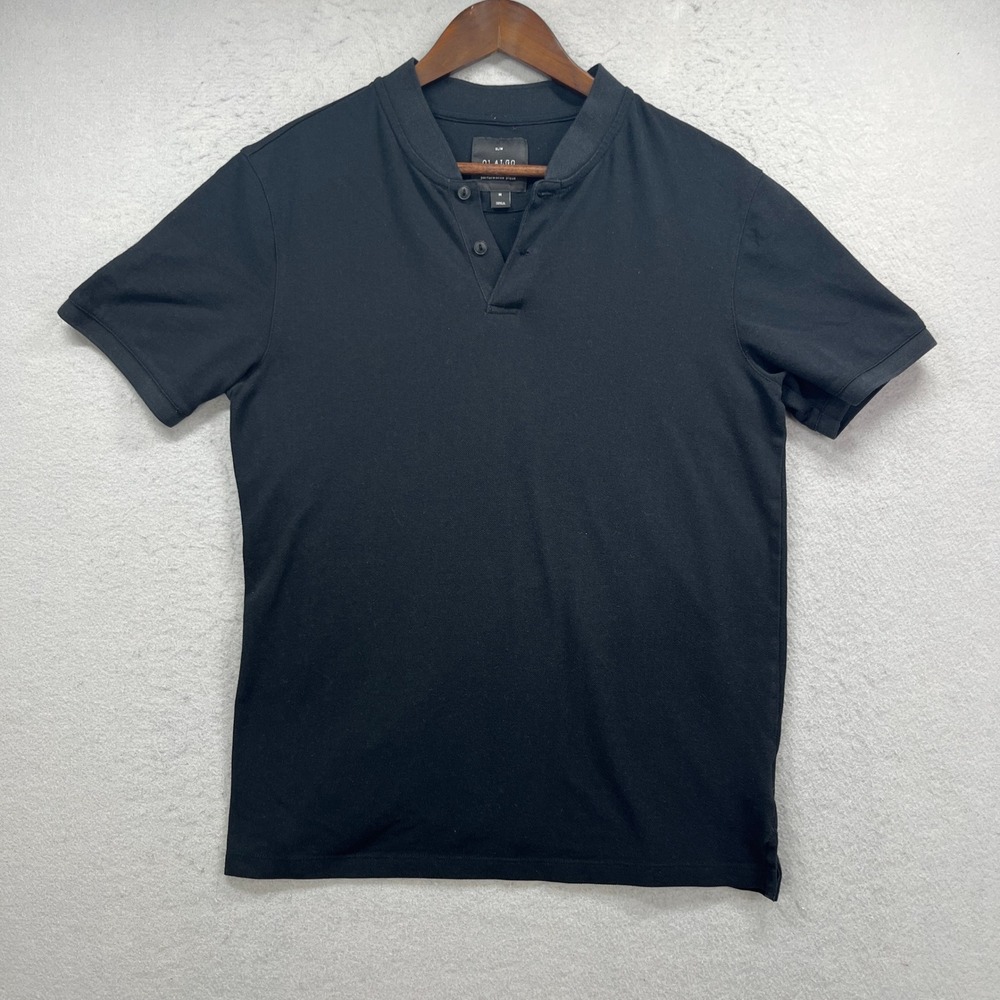 01.ALGO Performance Pique Polo Mens M Black Slim Fit Band Collar Short Sleeve